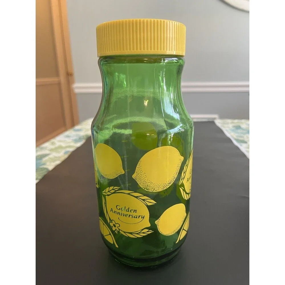 Vintage Anchor Hocking Green Yellow Lemonade Lemon Juice Jar Pitcher Measuring